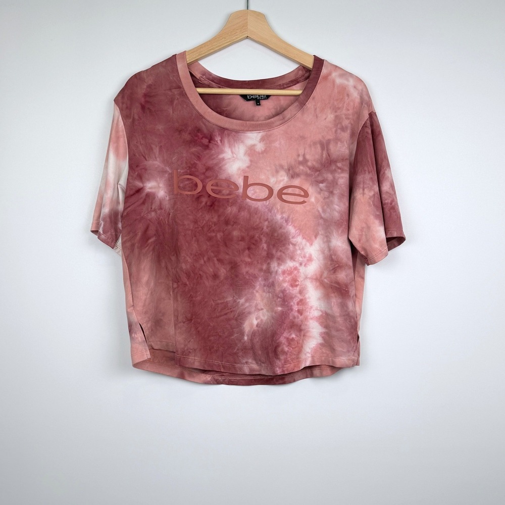 Bebe Sport T-Shirt Womens M Pink Tie Dye Logo Short Sleeve Top